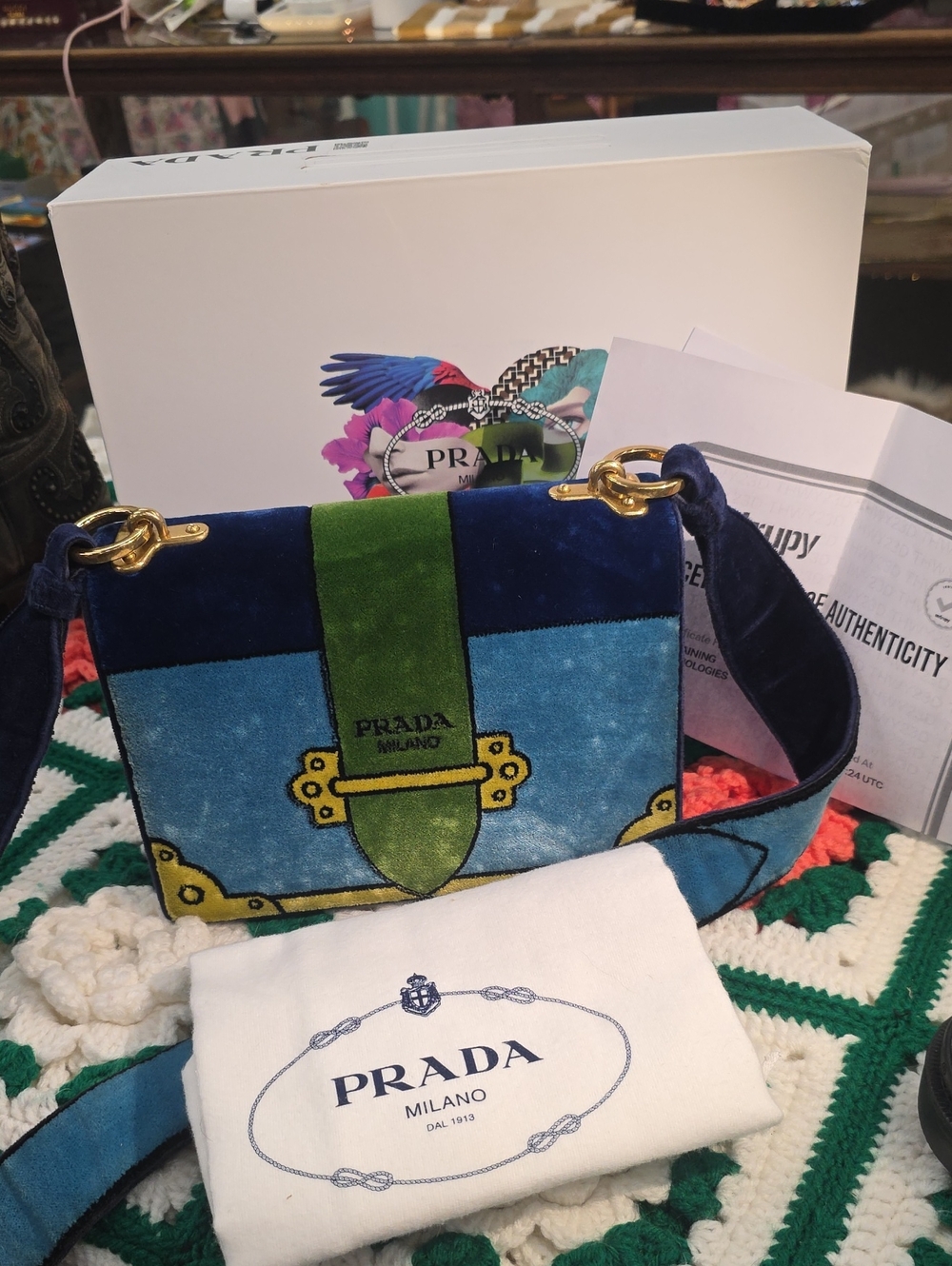 Prada Velvet Shoulder Bag in Blue, Green & Navy with Gold Hardware